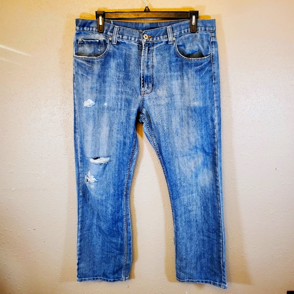 Flypaper Blue Men's Distressed Boot Cut Denim Jeans Size 38x32